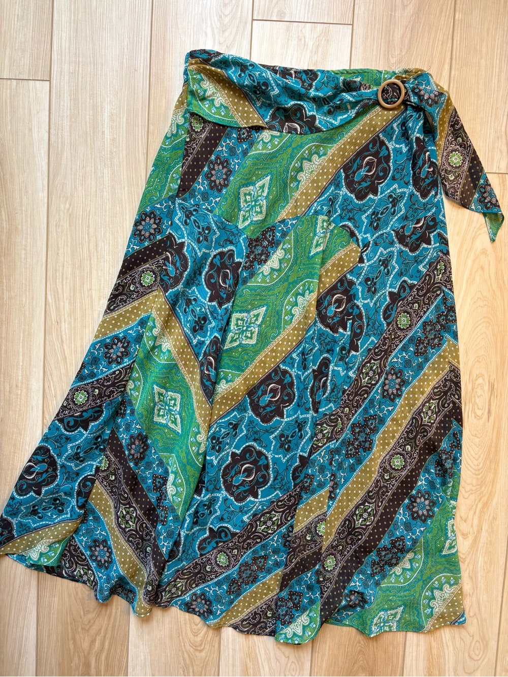 Vintage Blue and Green Patterned Patchwork Maxi Skirt with Belt